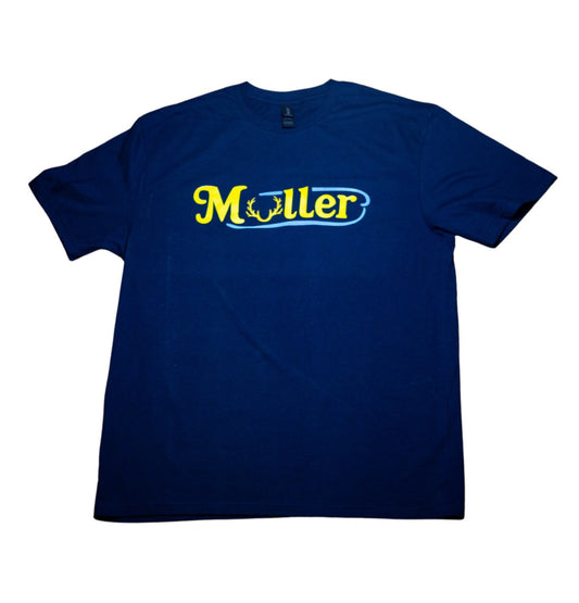 Muller Antler Script Tee- Navy And Yellow